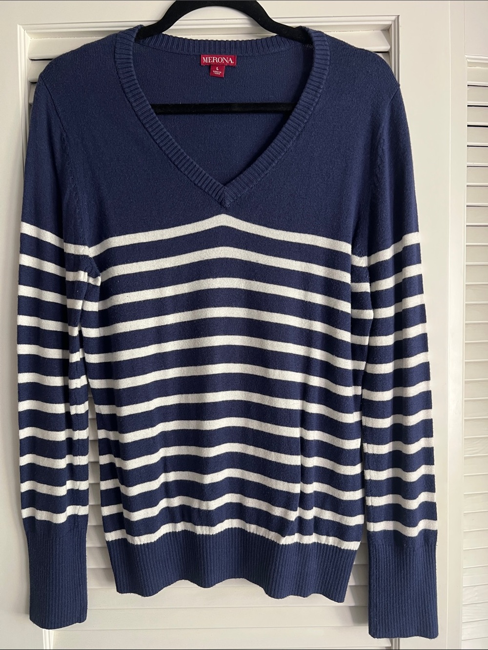 Old money look for less! Navy and White Striped V-Neck Pullover Sweater